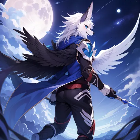 （tmasterpiece）（best picture quality）moon night，back shadow，turn back，clear the face，blue color eyes，hawk，young  male，animal，army...