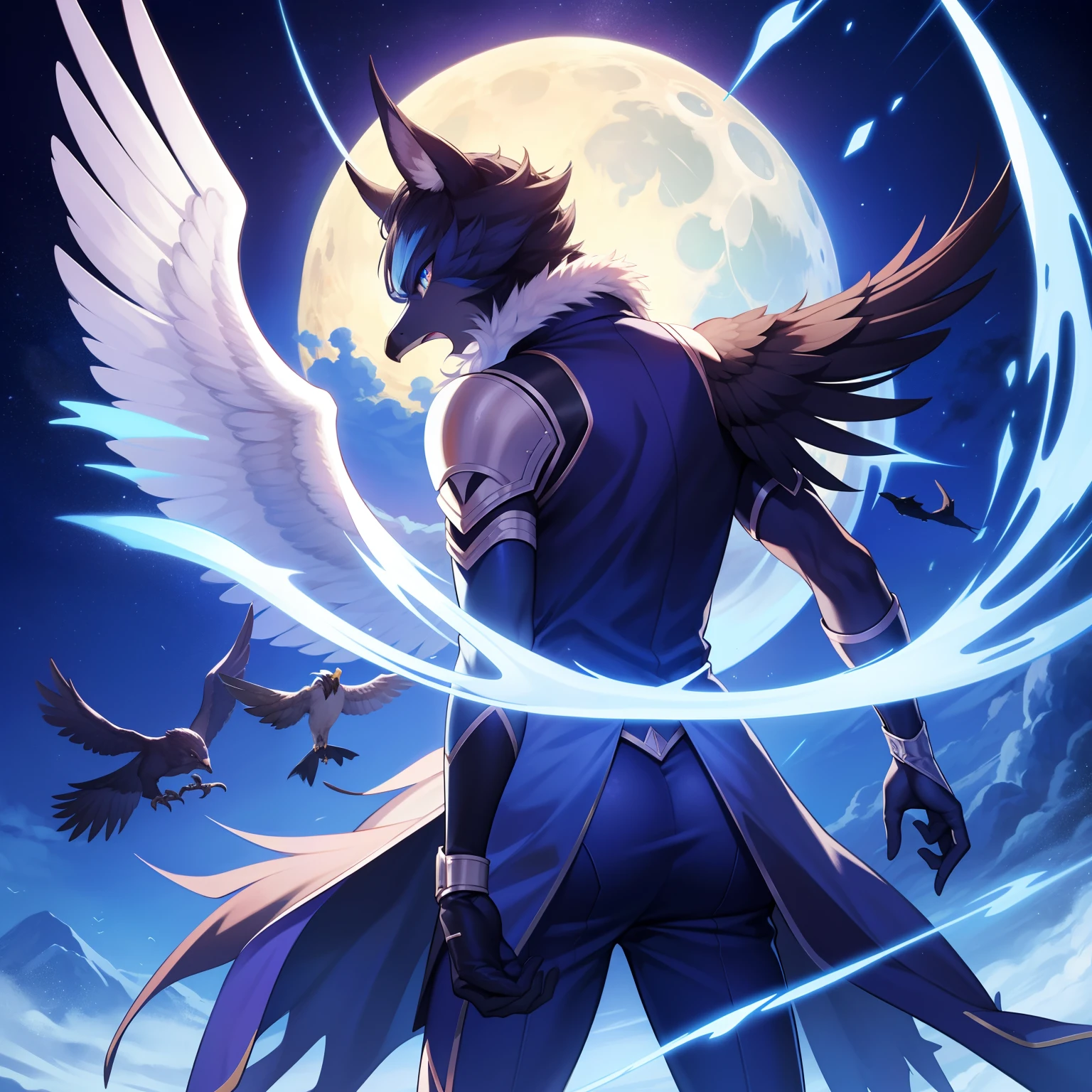 （tmasterpiece）（Best Picture Quality）Moon Night，Back Shadow，Turn Back，Clear the face，blue color eyes，hawk，young  male，Animal，army suit，Moon background，Fill light，furry