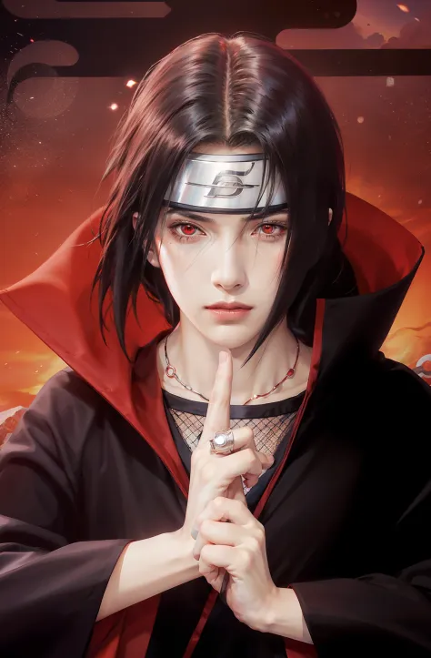 1male, uchiha itachi in anime naruto, long hair , black hair, red eyes, handsome, black clothes, realistic clothes, detail cloth...