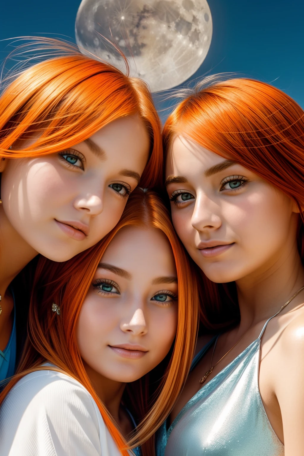 Three girls with red hair and blue eyes posing for a photo - SeaArt AI