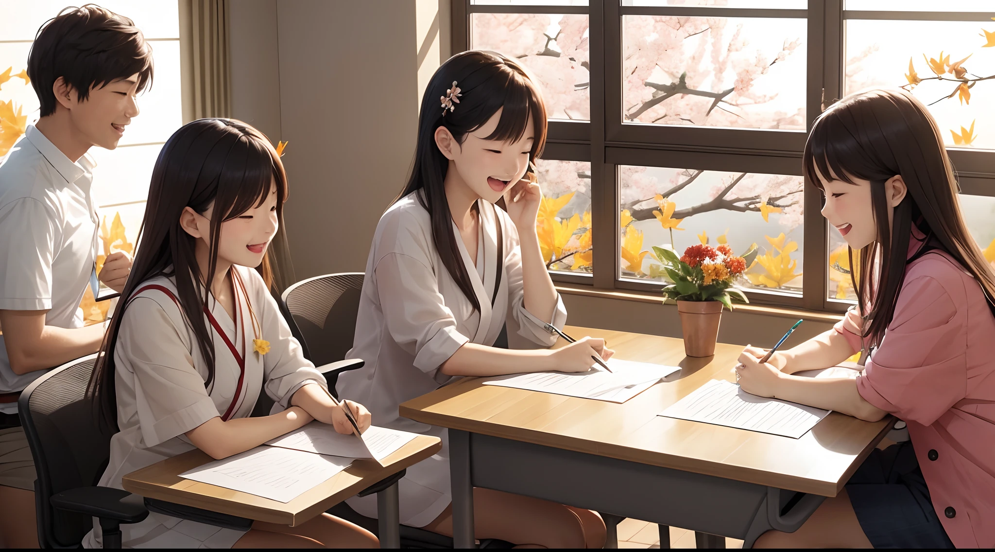 photoRealstic、Sit at your desk and enjoy studying with friends、Opens mouth and laughs、up of face、flower petals、season!!: 夏天☀ 🍂