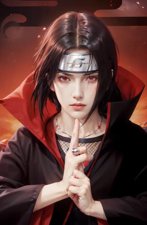 1male, uchiha itachi in anime naruto, long hair , black hair, red eyes, handsome, black clothes, realistic clothes, detail cloth...