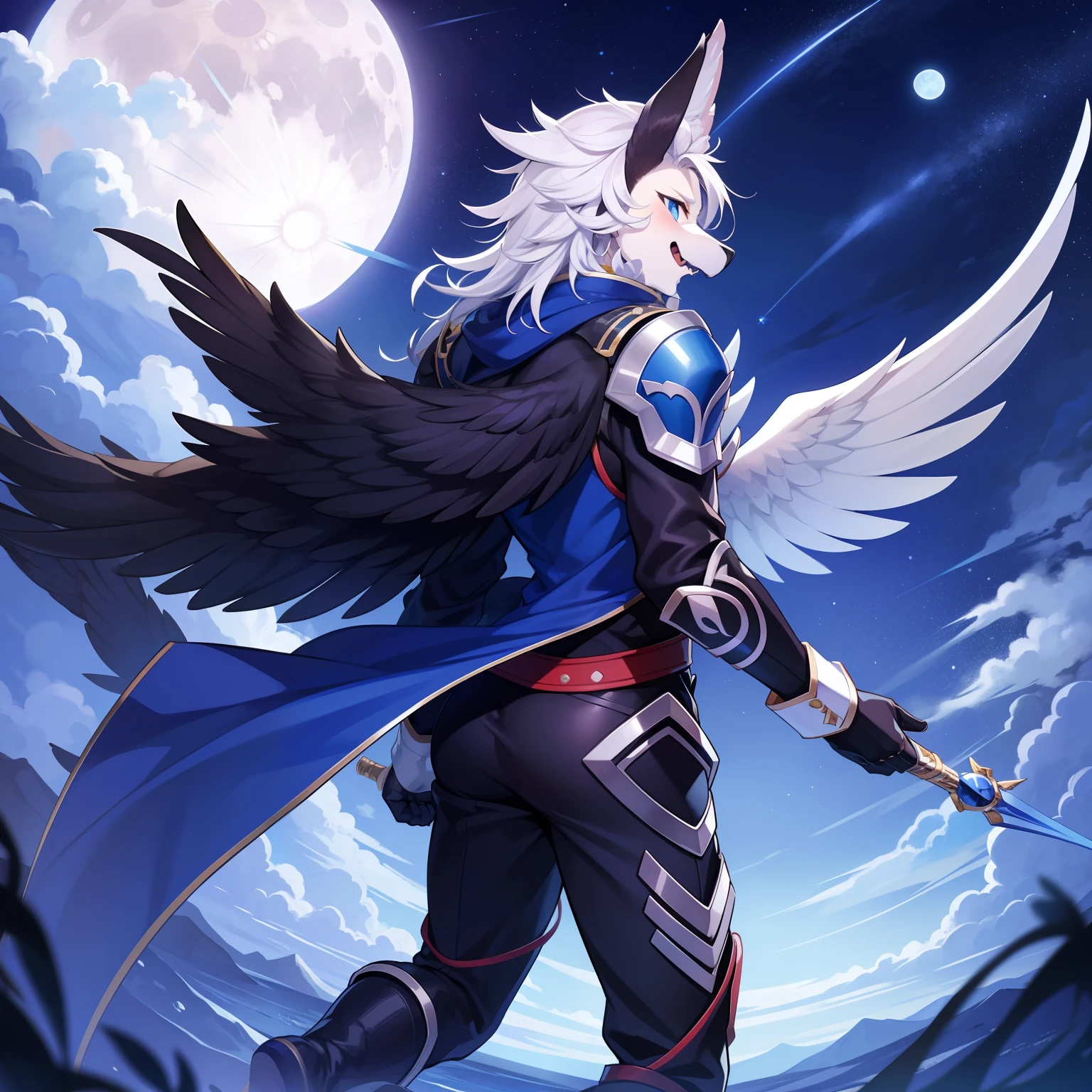 （tmasterpiece）（Best picture quality）Moon Night，Back shadow，Turn Back，Clean your face，blue color eyes，hawk，young  male，Animal，army suit，lunar backdrop，Fill light，Furry