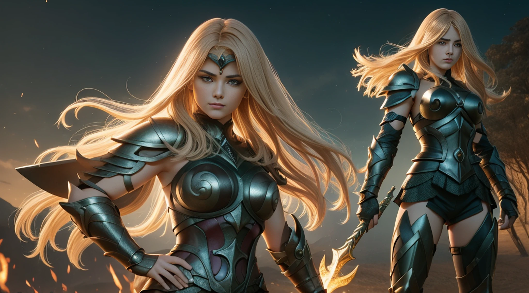 (1girl), wearing a heavy knight armor, dark armor, intricate black and gold armor details, intricate beautiful green fields, legendary, futuristic, saint seiya, long blonde hair, muscular, power pose, highly detailed background, fire in the eyes, aura power, highly detailed