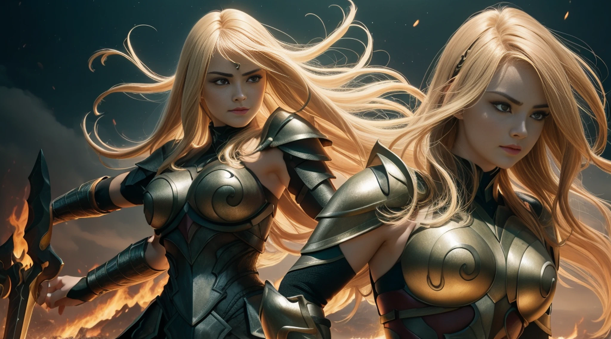 (1girl), wearing a heavy knight armor, dark armor, intricate black and gold armor details, intricate beautiful green fields, legendary, futuristic, saint seiya, long blonde hair, muscular, power pose, highly detailed background, fire in the eyes, aura power, highly detailed