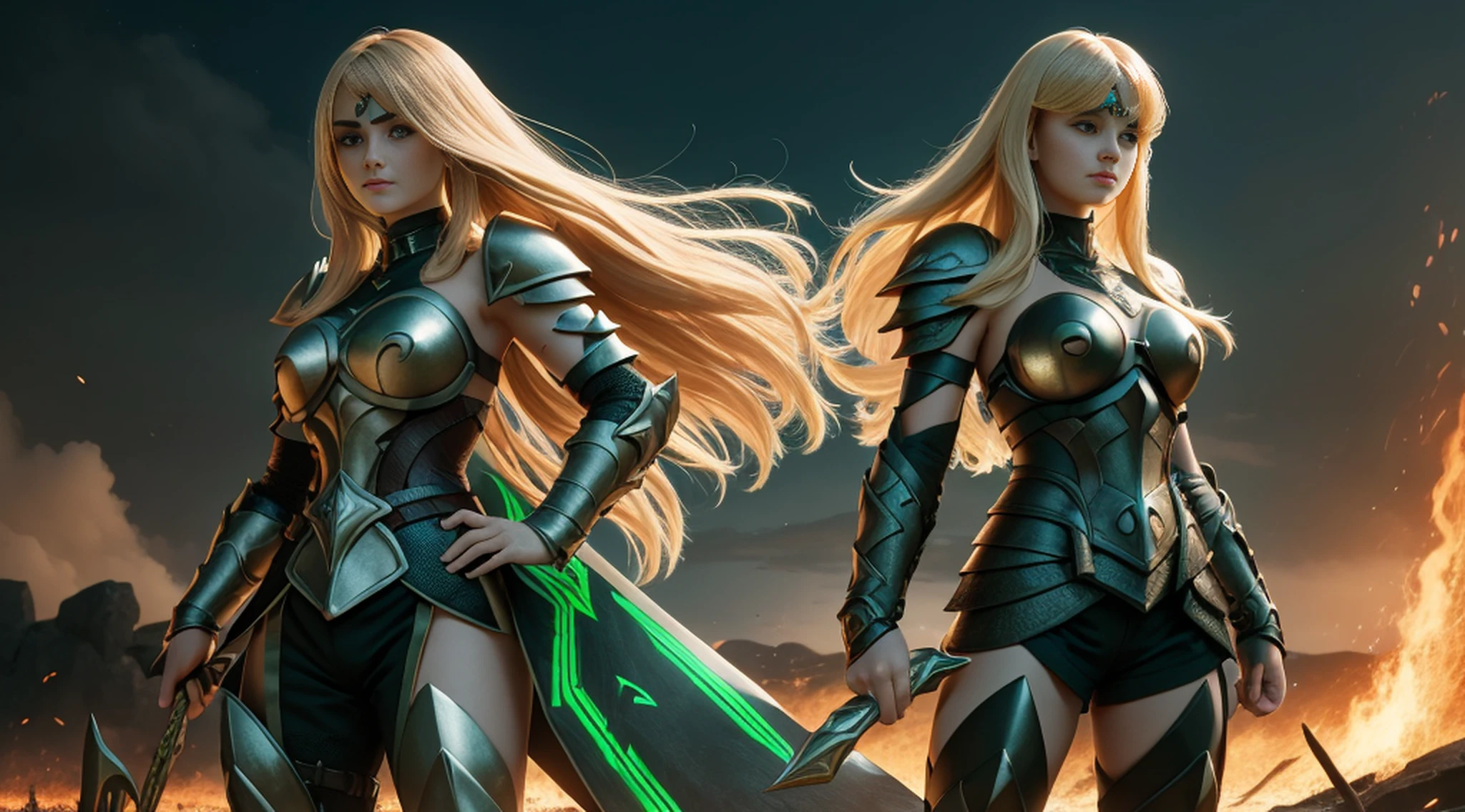 (1girl), wearing a heavy knight armor, dark armor, intricate black and gold armor details, intricate beautiful green fields, legendary, futuristic, saint seiya, long blonde hair, muscular, power pose, highly detailed background, fire in the eyes, aura power, highly detailed