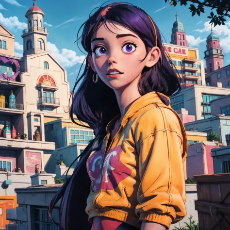 Anime girl with purple hair and a yellow jacket in front of a building, baixo detalhamento. pintura digital, fanart menina urban...