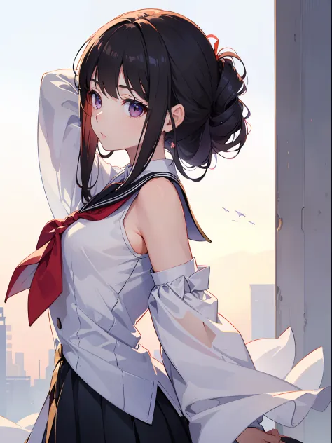 1 girl , ((arms behind head)) ,(looking back), from back,upper body , POV, school uniform ,  ((masterpiece)), ((best quality)), ((ultra-detailed)), (illustration), ((an extremely delicate and beautiful))