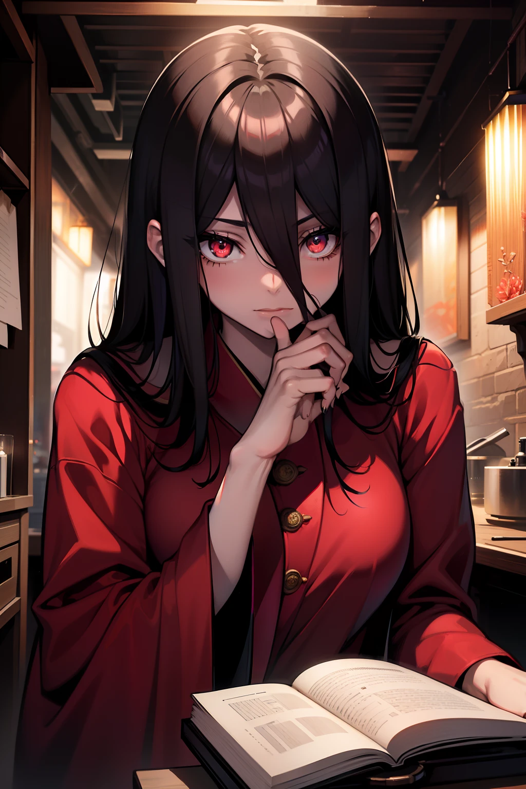 (( best quality, Masterpice, )) Crimson Eyes, shining eyes, natta, red robe, standing, feminine, Long hair, black hair, white skin