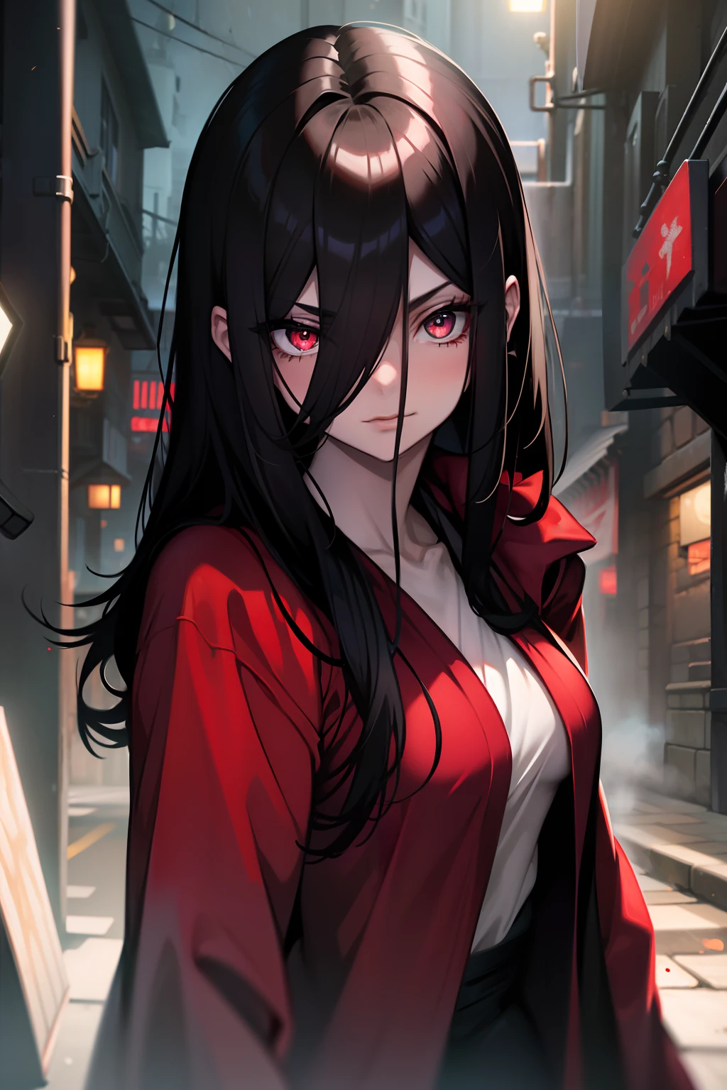 (( best quality, Masterpice, )) Crimson Eyes, shining eyes, natta, red robe, standing, feminine, Long hair, black hair, white skin