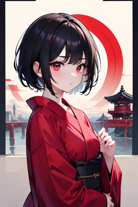 1 beautiful girl , short black hair, red eyes, clothes yukata , city japan , absurdres, highres, ultrasharp, 8k, masterpiece, lo...