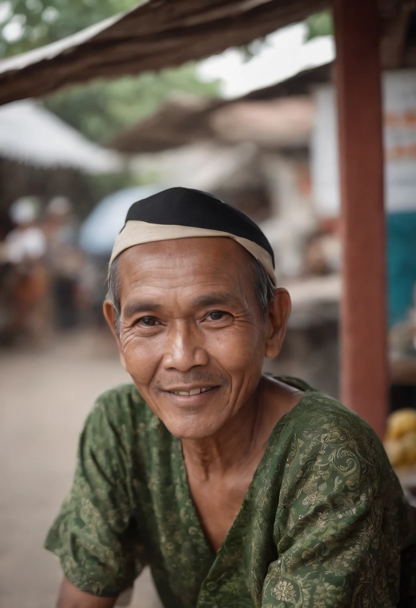 Photo of an old Javanese man, from Lamongan City, in East Java, Java Island in Indonesia. A Soto Soup seller. Around 50 years old, dark brown skin, black eyes, wide eyes, black straight hair with little bit curly hair. Cheerful-pleasant and open minded personality, wise-look face, natural crinkle on the face, sincere smile, feeling happy, wearing green tone batik shirt and dark sarong fabric, out in the streets smiling in the day light, in front of his Soto Soup Stall and other small street vendors, (masterpiece) (photorealistic), ultrarealistic (Best Quality) (Detailed) photographed in a Canon EOS R5, 50mm Lens, F/2.8, (8K) (Wallpaper) (Cinematic lighting) (Dramatic Lighting)