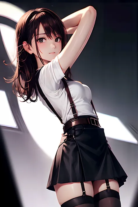 Black skirt, 　suspenders, Brown hair Gray eyes, Garter belt on the legs, Tight black clothes, 　　 a belt　Armpit sweat　　Dark look　Moderately breasts　holster　chain　　poneyTail　Water wetting