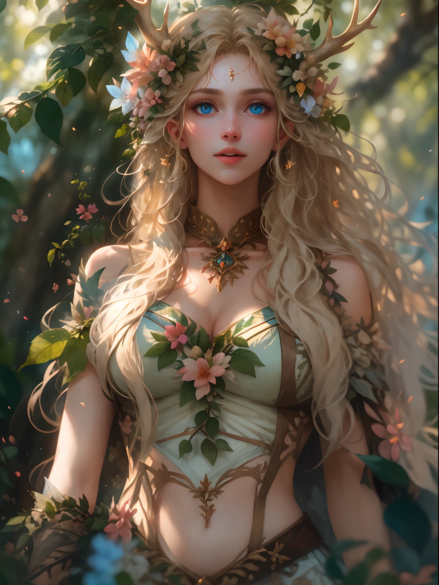 （現實地：1.35），（概念艺术），（牛仔 活潑的森林女神），（美丽的脸，巨乳迷人，驚人的），（長的, 飄逸的淺金色長髮），完全由花和葉組成的人形身體，（美麗的皮膚是綠色的，由複雜的葉子和藤蔓製成），（頭上有鹿角），（尖耳朵），（閃亮的藍眼睛），豐滿的大胸（一片迷人的森林）背景與，蝴蝶：0.35，葉子， 綻放的光效， 開花：0.4， 神雷， 光與塵埃， 逼真的皮肤纹理， （後窗的光線是背光的）， 複雜， 詳細的， 最好的品質， 哈塞爾布拉特， 尼康D850， 自然立體照明， （良好的解剖结构）， 構圖良好， （良好的比例）， 次表面散射， 获奖， 傑作