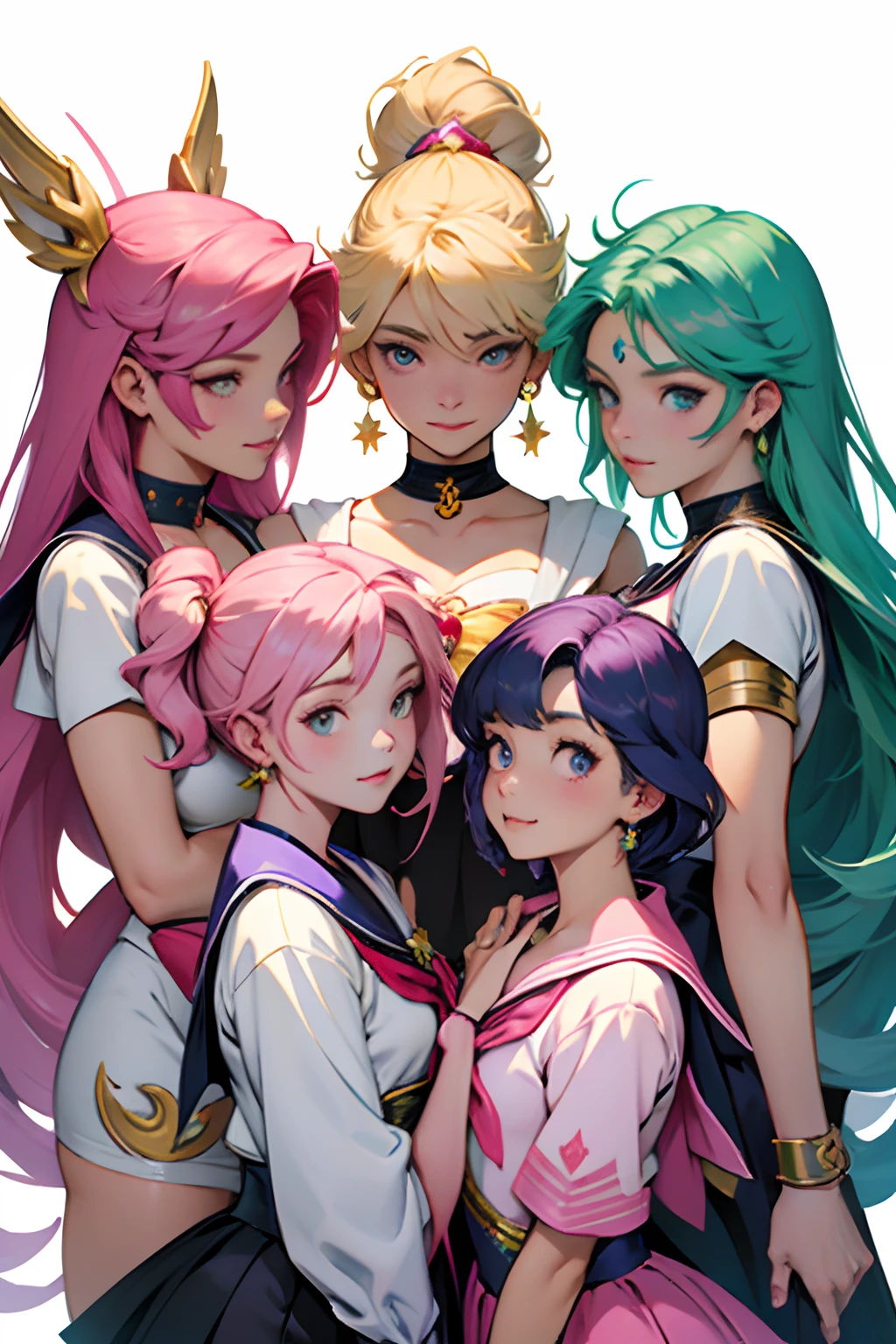 Un primer plano de un grupo de chicas anime con cabello de diferente color  - SeaArt AI