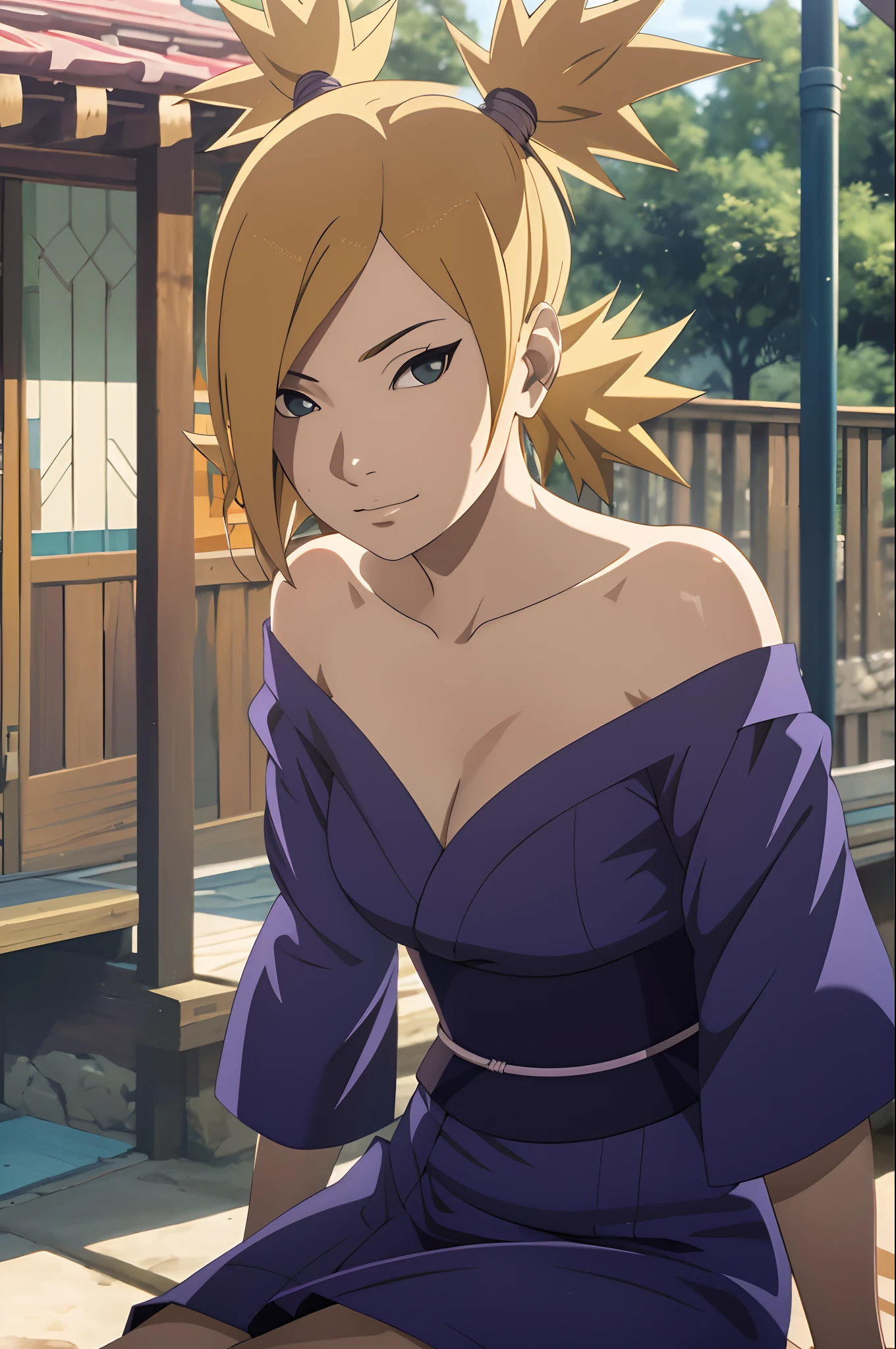 Masterpiece, absurderes , (Intricate details), (Colorful),cleavage，Off-the-shoulder attire，Cinematic lighting,Bust Up Shot,Extremely detailed Cg Unity 8K wallpaper,Temari\(Boruto\), 1girll, Mature female,blue kimono,  Sitting, Outdoors,Wind,  view the viewer,ssmile