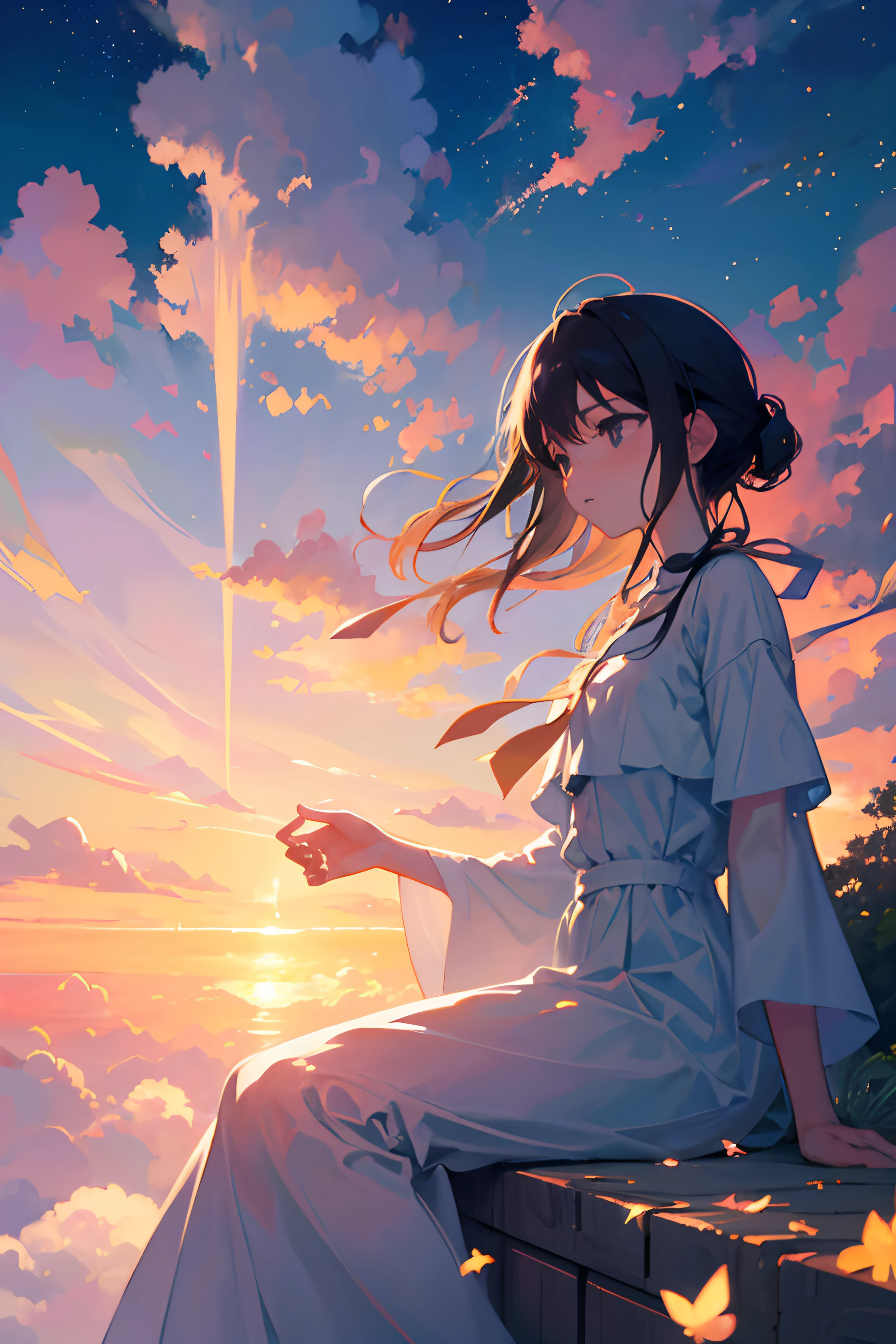 Create exquisite illustrations reminiscent of Makoto Shinkai's style, It has ultra-fine details and top-notch quality. Create an illustration depicting children reclining on a bed of clouds, with the sky above them radiating an enchantingly whimsical and nostalgically serene atmosphere. The clouds serve as their comfortable haven, allowing them to peacefully gaze at the world below. The sky itself exudes an aura of enchantment and nostalgia, casting a dreamlike, hazy ambiance. It's a moment of tranquil bliss as they lay suspended above the earthly worries, lost in their own world of imagination. This scene captures the essence of youthful wonder, the dreaminess of cloudscapes, and the timeless allure of the sky