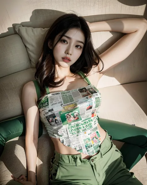 arafed asian woman in a newspaper top and green pants, korean girl, sexy girl, asian girl, beautiful asian girl, instagram model, gorgeous young korean woman, 18 years old, gemma chen, heonhwa choe, wenfei ye, croptop, xintong chen, crop top, 1 8 yo, 21 ye...