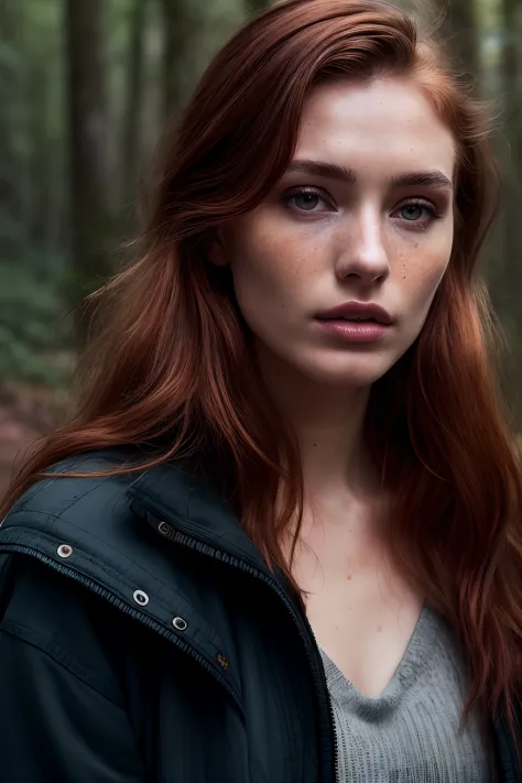 a photo of a seductive woman with loose styled redhead hair, posing in a forest, bored, she is wearing a  jacket, mascara, , (te...