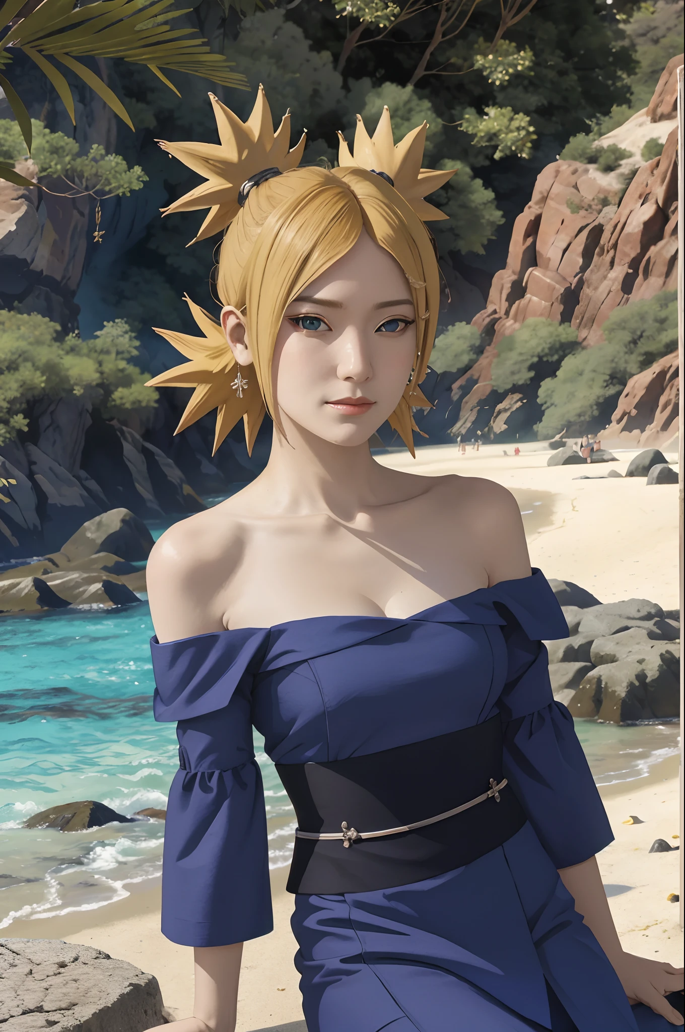 Masterpiece, absurderes , (Intricate details), (Colorful),cleavage，Be red in the face，Off-the-shoulder attire，Cinematic lighting,Bust Up Shot,Extremely detailed Cg Unity 8K wallpaper,Temari\(Boruto\), 1girll, Mature female,blue kimono,  Sitting, Outdoors,Wind,  view the viewer,ssmile，sea beach，the sea，coconut palms