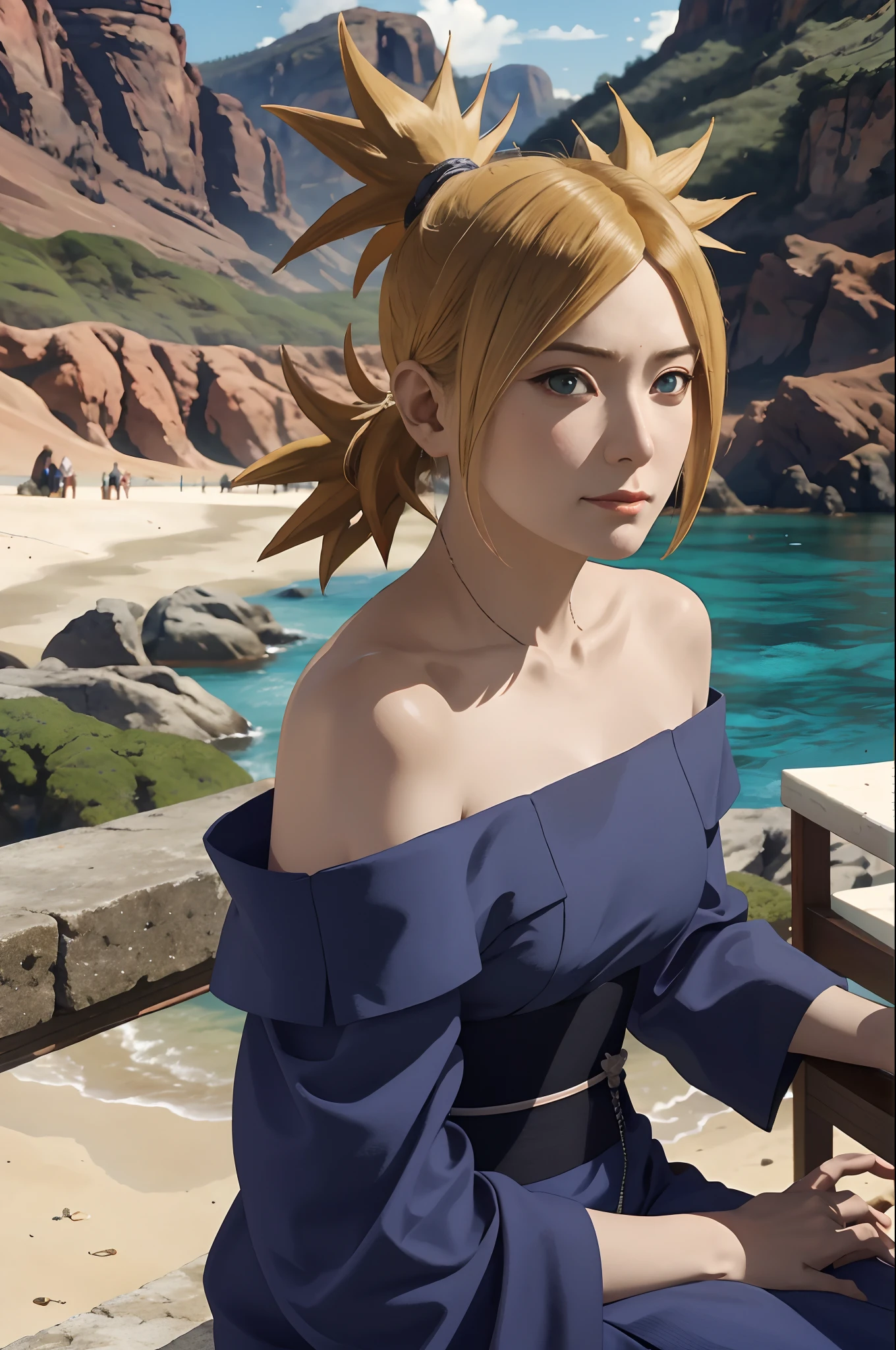 Masterpiece, absurderes , (Intricate details), (Colorful),cleavage，Be red in the face，Off-the-shoulder attire，Cinematic lighting,Bust Up Shot,Extremely detailed Cg Unity 8K wallpaper,Temari\(Boruto\), 1girll, Mature female,blue kimono,  Sitting, Outdoors,Wind,  view the viewer,ssmile，sea beach，the sea，coconut palms