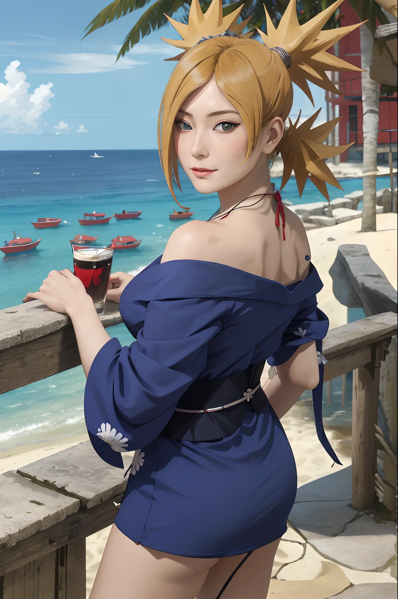 Masterpiece, absurderes , (Intricate details), (Colorful),cleavage，Be red in the face，Off-the-shoulder attire,Extremely detailed Cg Unity 8K wallpaper,Temari\(Boruto\), 1girll, Mature female,blue kimono, Outdoors,Wind, sportrait，ssmile，sea beach，the sea，coconut palms，Large breasts