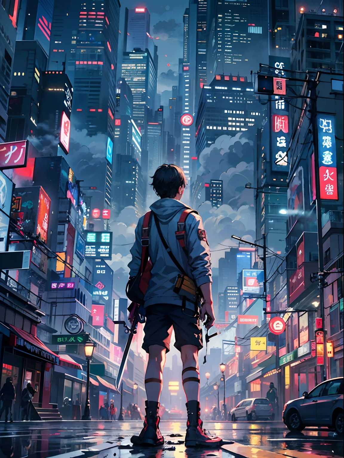 1boy,a 13 yo boy、Cyberpunk Boy、katanas,Whole body bloody、The beginning of the adventure、Lots of clouds,heavy fog、starrysky、Moon,Chaotic city of the future、Movie dystopia、A group of very tall skyscrapers stands in the center、Very complex cityscape,Crowded Chinese skyscrapers、street signs、streetlights、taxis、buses、Train、Pretty dim lighting、Dark road、puddles、Chaotic、Beautiful and fantastic scenery、Cinematic scenery、hightquality、masutepiece,in 8K、hight resolution、