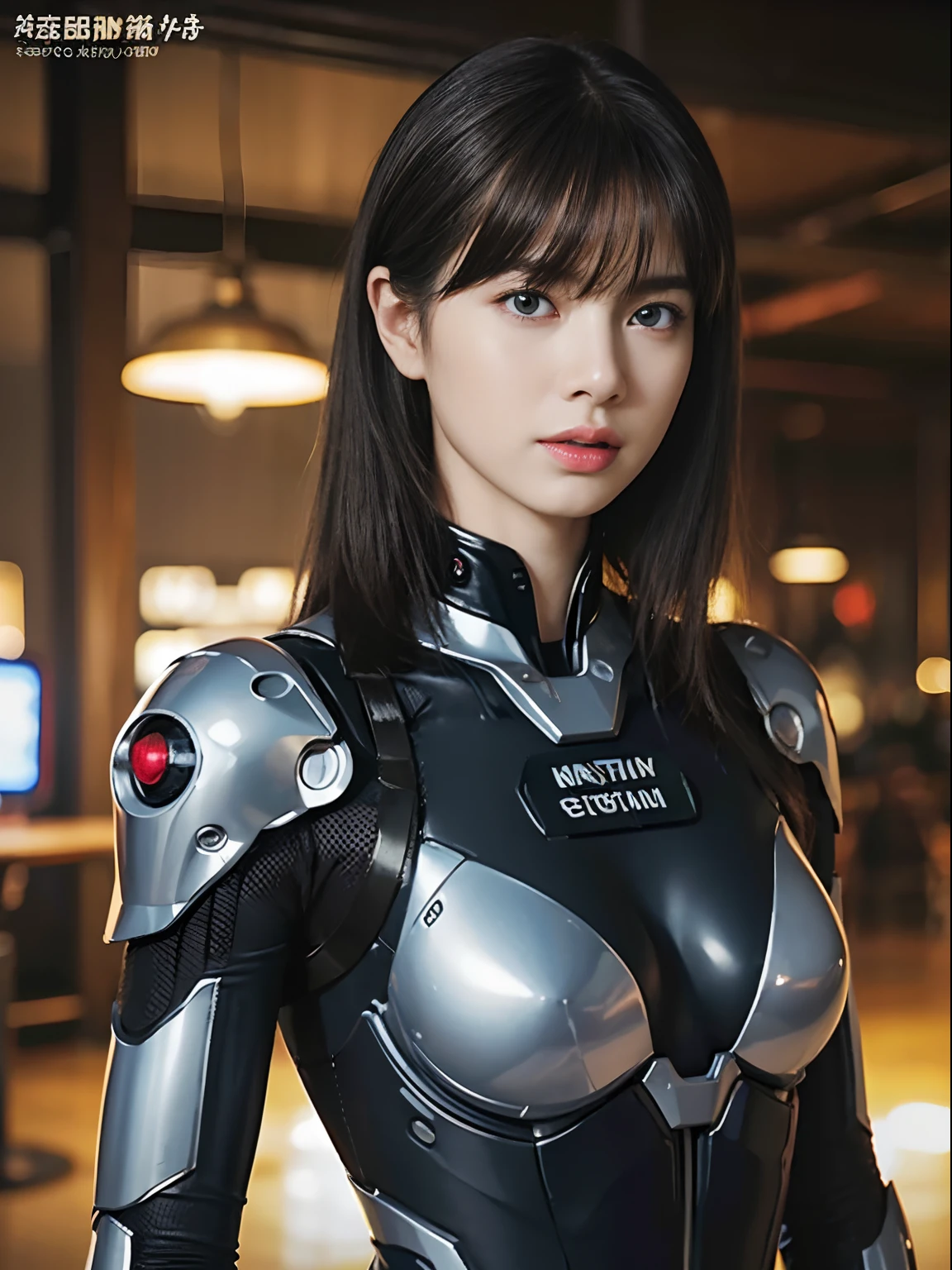（Fight against mechanical robot soldiers）、top-quality、​masterpiece、超A high resolution、（Wearing a futuristic transparent sun visor）、(Photorealsitic:1.4)、Raw photo、女の子1人、Black hair、glowy skin、((1 Mechanical Girl))、((super realistic details))、portlate、（Small LED lamp）、Wire tubes that glow all over the body、globalillumination、Shadow、octan render、8K、Armpit、ultrasharp、Colossal 、Small LED lamp、Raw skin is exposed in cleavage、metals、blood vessels connected to tubes、Red bodysuit、Armpit、Cyberpunk city background、Details of complex ornaments、Japan details、highly intricate detail、Realistic light、CGSoation Trends、Blue eyes、radiant eyes、Facing the camera、neon details、（Helmet of the Brave）、Mechanical limbs、blood vessels connected to tubeechanical vertebrae attached to the back、mechanical cervical attaching to neck、Wires and cables connecting to the head、Gundam、Small LED lamp、Toostock、Toostock、