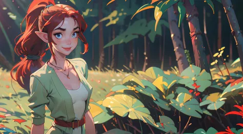 (masterpiece, best quality), 1girl elf, collarbone, wavy hair, looking at viewer, blurry foreground, upper body, necklace, contemporary, sexy thief outfit, highly detailed, medium breasts, ponytail, freckles, red hair, dappled sunlight, smile, nsfw