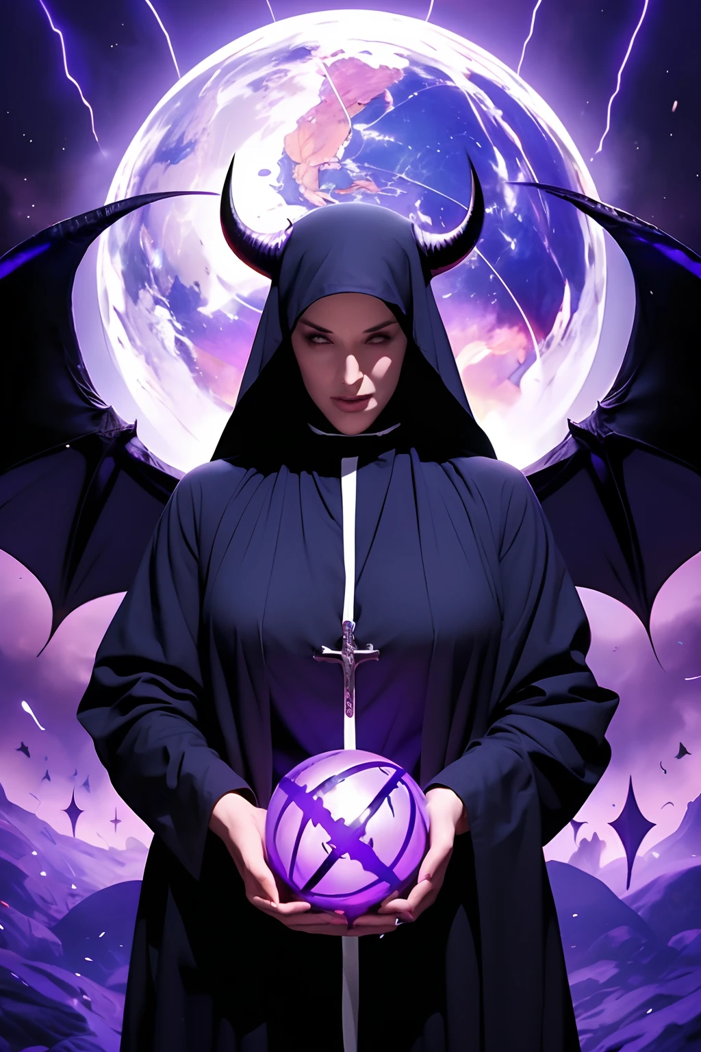 A woman in a nun outfit holding a purple ball in front of a purple  background - SeaArt AI