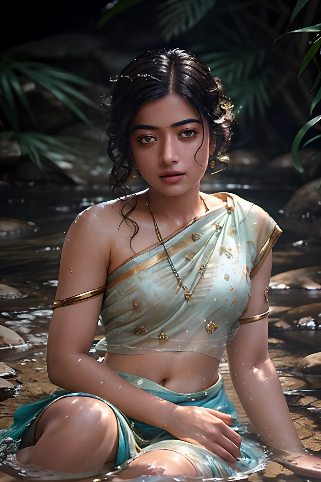 Primer plano retrato de Rashmika Mandanna bañándose desnuda en un río cristalino, ya, (contraluz), Realista, Obra maestra, de la máxima calidad, destello de lente, sombra, Floración, [[aberración cromática]], por Jeremy Lipking, by Antonio J. Manzanedo, pintura digital,