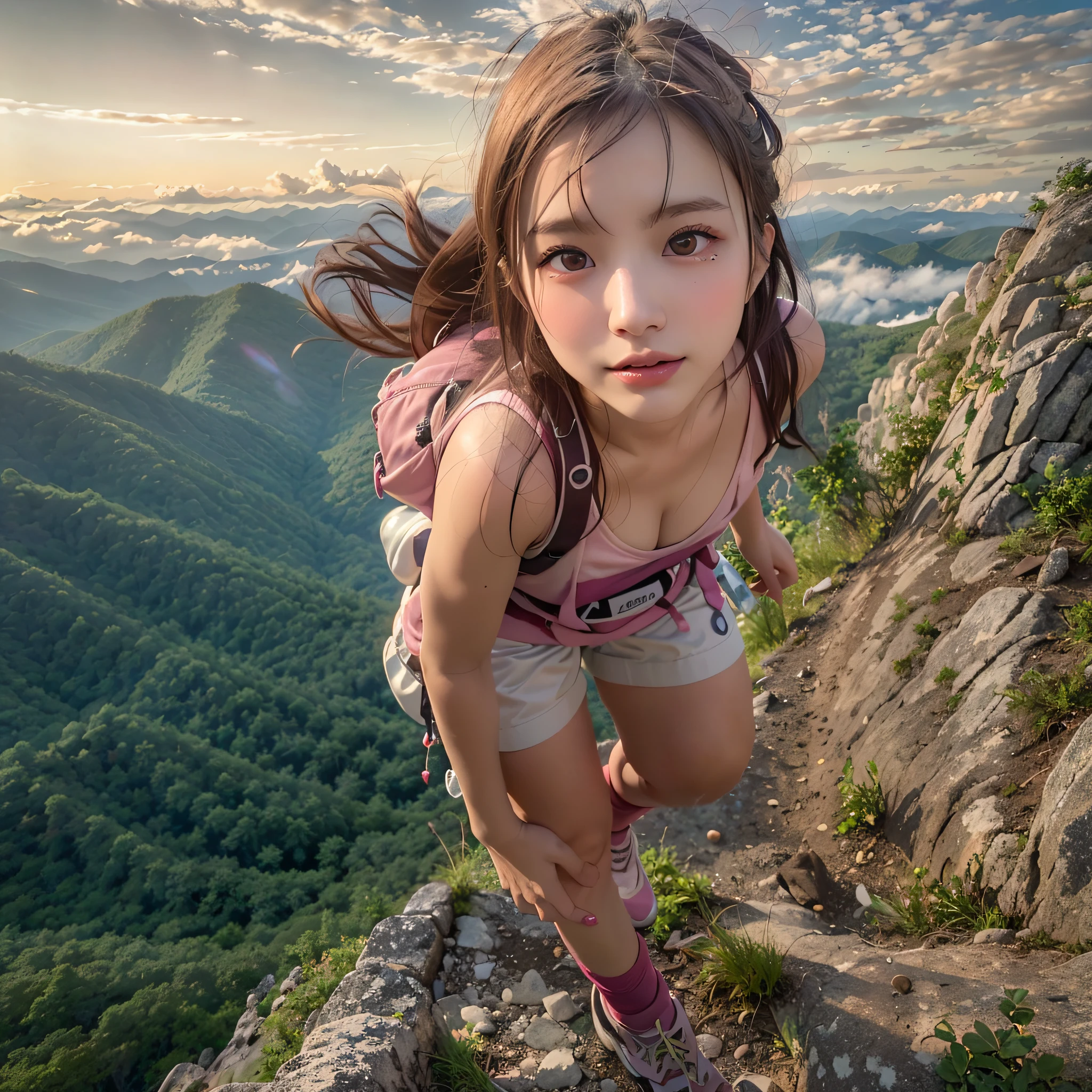 (Naturescape photography), (best quality), masterpiece:1.2, ultra high res, photorealistic:1.4, RAW photo, (Magnificent mountain, sea of clouds), (On a very high mountain peak), (sunset), (wideangle shot),  (Show cleavage:0.8),
(1girl), (Photo from the knee up:1.3), (18 years old), (smile:0.9), (shiny skin), (semi-long hair, dark brown hair), 
(Large white V-neck T-shirt, pink Trekking shorts), (Carrying a large backpack), 
(ultra detailed face), (ultra Beautiful fece), (ultra detailed eyes), (ultra detailed nose), (ultra detailed mouth), (ultra detailed arms), (ultra detailed body), pan focus, looking at the audience