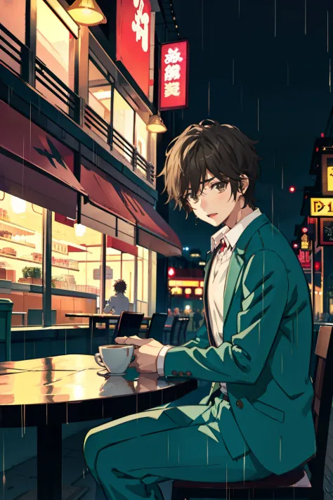 anime boy sitting at a cafe at night time while its raining