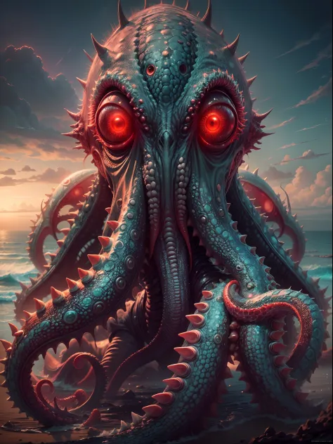 (best quality,highres,ultra-detailed),alien creature portrait,octopus-like,large size,beach landscape,alien green water sea,five glowing eyes,spiky tentacles,colorful scabrous skin,red sky,portrait,horror,concept artists,vivid colors,sharp focus,studio lig...
