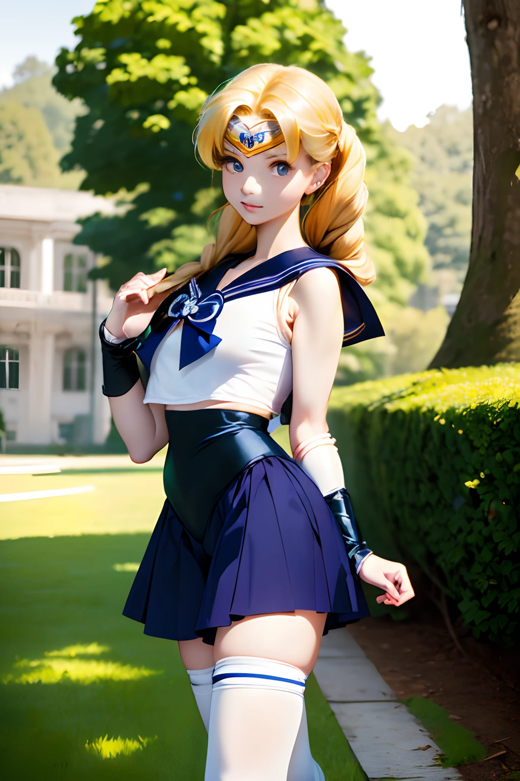 (​masterpiece、top-quality), beautifull detailed face,Beautiful face in uniform,1girl in,14years,Real Blonde,(((Sailor Moon Cosplay:1.75, cosplayer))),length hair, Single braid, Walking,troubled look,Embarrassing pose,plein air,Natural light,a park