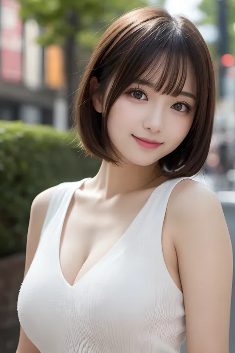 masutepiece, Best Quality, ultra-detailliert, finely detail, hight resolution, 8k wallpaper, Perfect dynamic composition, Beautiful detailed eyes, Women's Fashion, Very short hair, small tits, Natural Color Lip, Bold sexy poses, Smile, Harajuku, 20 years g...