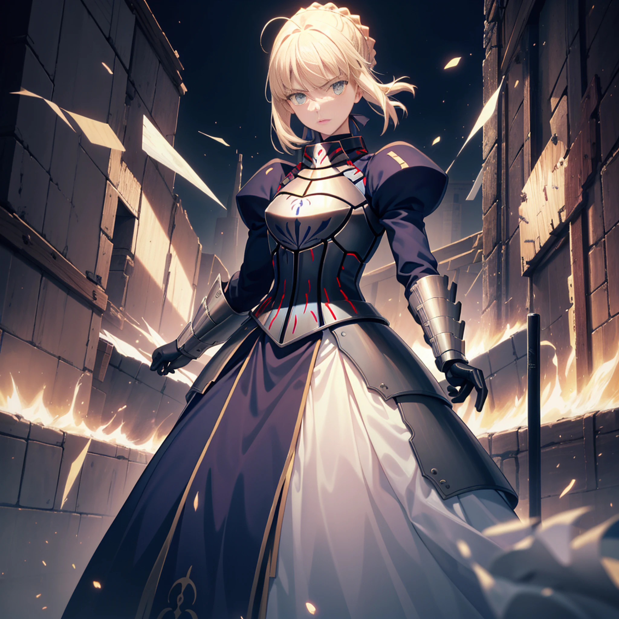 best quality, master part, phAlter, phAltoria, 1girl, standing alone, Dark weapon, dark armored dress, dark sword, Looking at Viewer, holding dark gun, Dark gauntlets, segurando dark sword, hair between the eyes, black gown, breastplate, black armour, side locks, bangss, french braid, separated-lips, puffy sleeves, long sleeves, short hair,