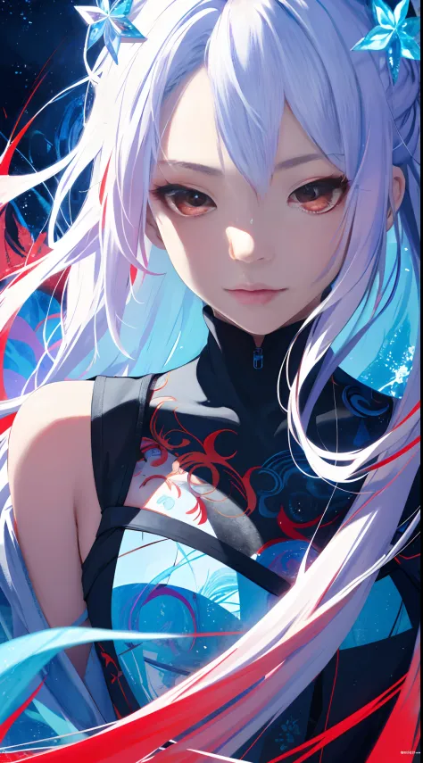 realisticlying、Masterpiece quality、best qualtiy、offcial art、Beauty and aesthetics：1.2、Very detailed fractal art、Colorful abstract background、Girl、Kamimei、The color hair、long whitr hair、luminous red eyes、Mysterious magic、Girl of Ice and Fire，Red and blue co...