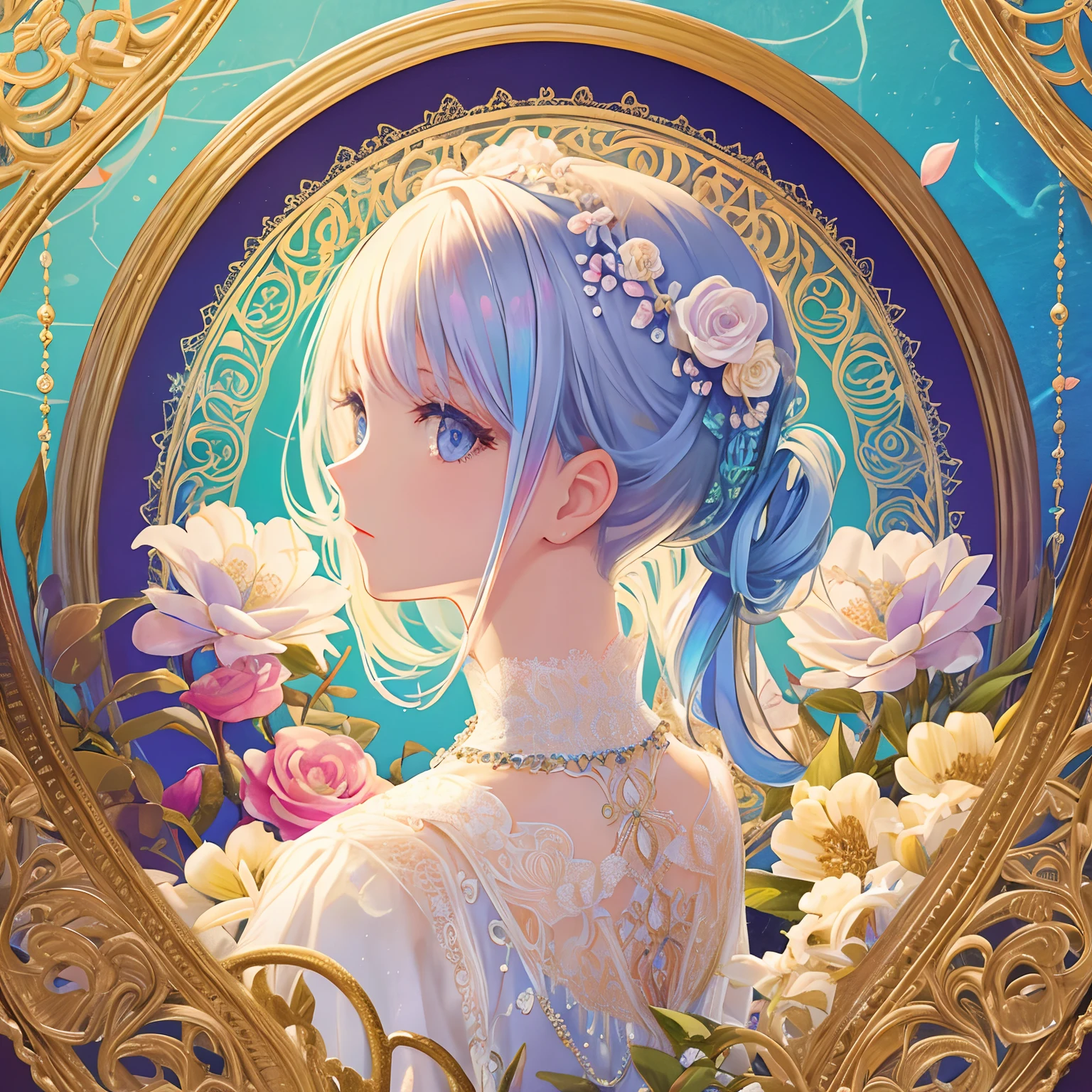 1 girl, masterpiece, top quality, beautiful and aesthetic: 1.2, fractal art: 1.3, jewels, detailed lace, detailed round frame, looking back, flowers, white, rainbow hair, beautiful girl fits in frame