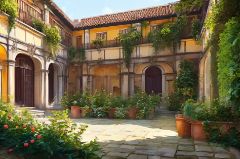 scene of a courtyard, 3 people, tranquil drapery, sunlight, glow, scenery concept art, overgrowth. by Renoir , relaxing concept art, traditional classic concept art, a beautiful artwork illustration. high detail, background art, detailed concept art, envir...