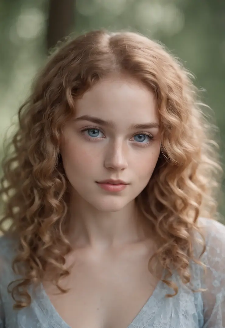 Full body portrait of a charming 18 year old women with curly hay coloured hair, small freckles, petite figure, beautiful face, captivating dark blue eyes, and modest bust size, showcasing her natural beauty.