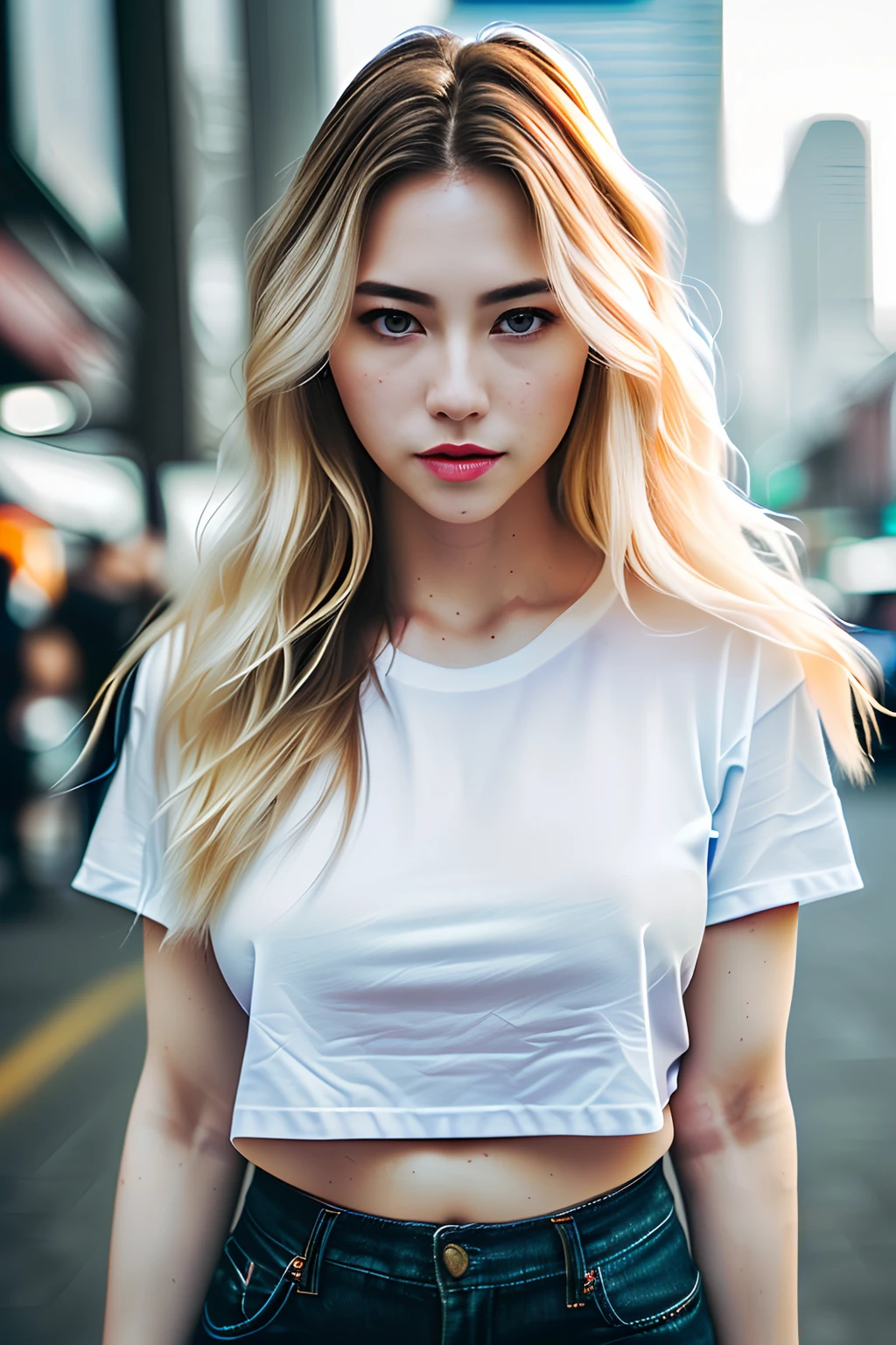 Very long wavy blonde hair、detailed alluring eyes、long sexy legs、Small shorts、tshirts、((detailed facial features))、(Fine detailed skin)、pale-skinned、realistic skin textures、Extreme skin details、(pores:0.1)、Beautiful futuristic cyberpunk city in the background、masterpiece of best quality、Photorealsitic、hyper realisitic、detaileds、8K、nffsw、(soft colours:1.2)、Shallow depth of field、 Broad light,、highly contrast、Back lighting、bloom、light glow、chromatic abberation、foco nítido、RAW color photo