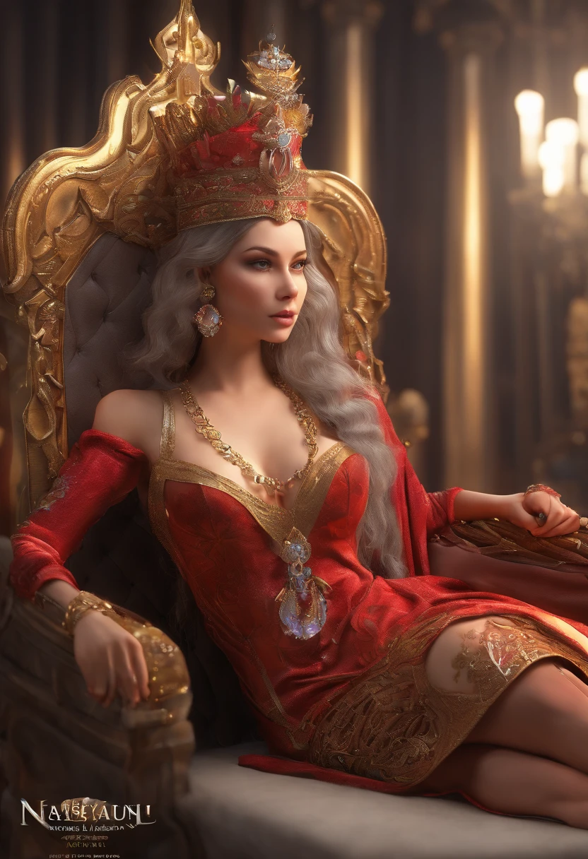 A woman in a red dress sitting on a gold throne - SeaArt AI