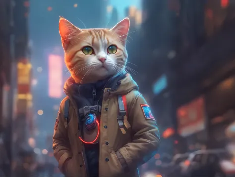 ((Best quality, 8K, Masterpiece: 1.4)),((Amazing detail: 1.3)),((illustration, Hairstyle Casual: 1.2)),((high resolution: 1.1)), A cute cat standing, headset on head, Tactical coat, Fashionab, Soft light, Colorful, Depth of field, Cinematic lighting, From ...