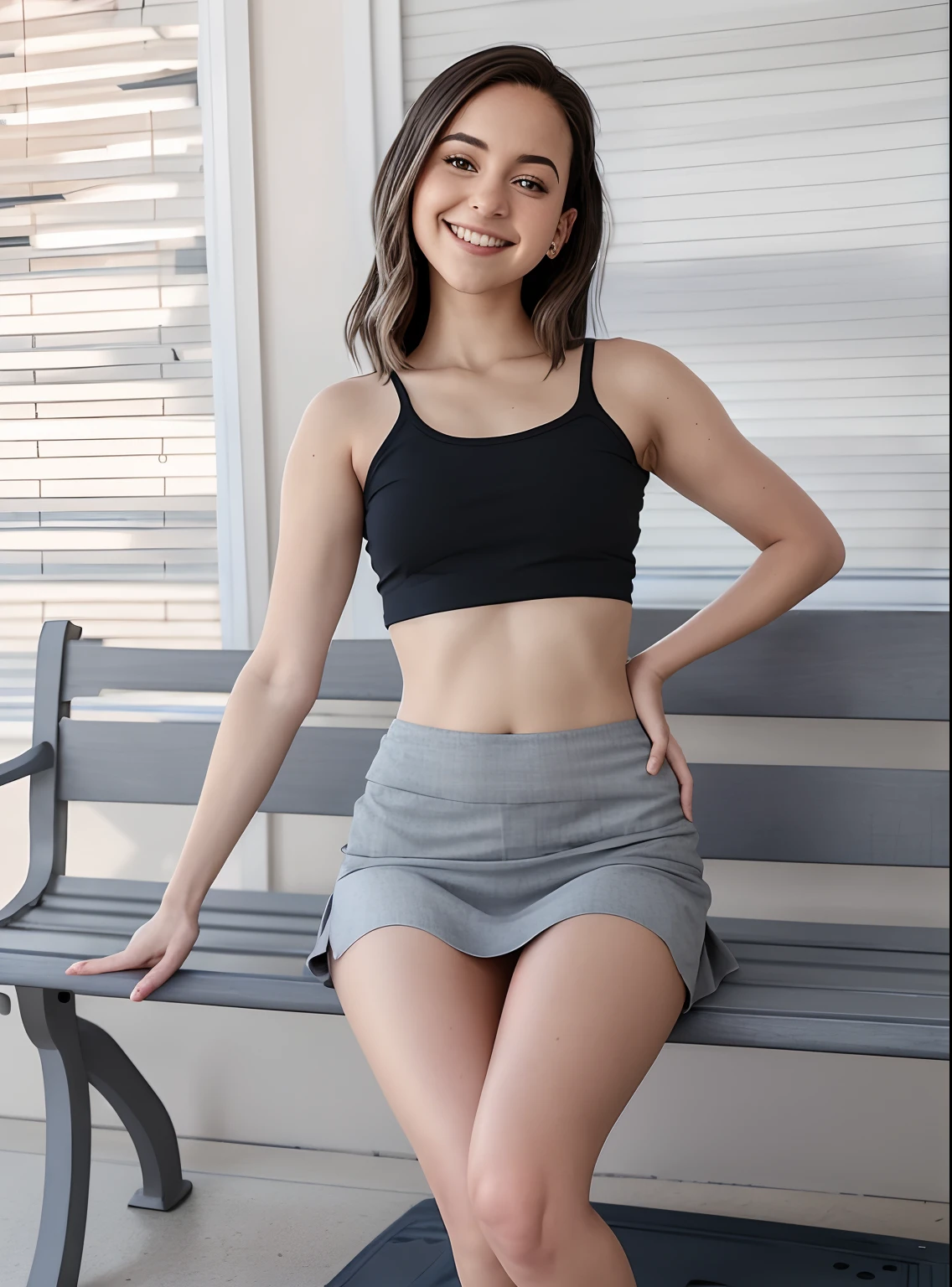 Arafed woman sitting on a bench in a black top and grey shorts - SeaArt AI