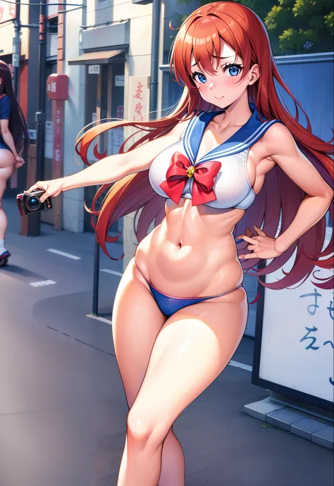 Kousaka honoka, blue eyes, sailor moon lingerie,  heavy breathing,red face,blunt hair,curvy body, standing in tokyo street,photographer, foreground, camera, tokyo street, japan , exposed armpits, exposed groin, exposed inguinal, exposed pubis