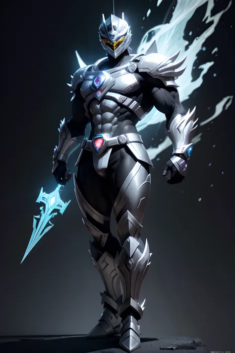 create a silver power ranger , full body , mythic , black background ,a bit ancient theme