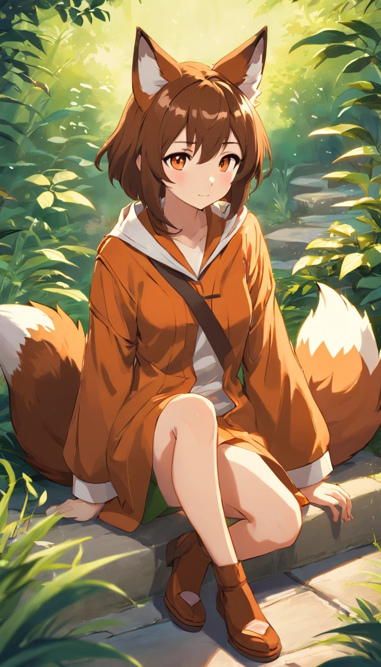 A girl sitting on a stone ledge in a forest with a fox - SeaArt AI