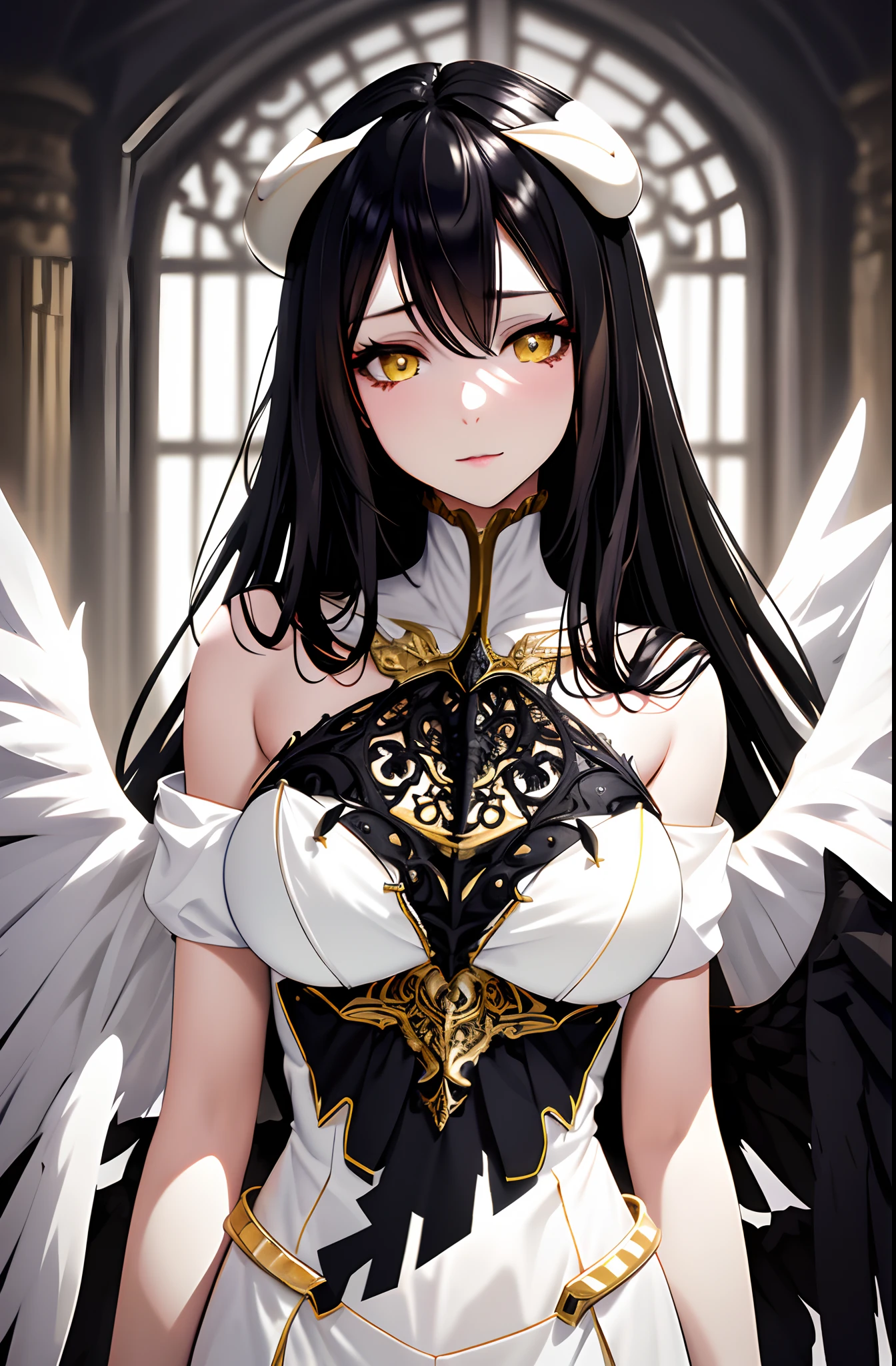 A high resolution, Sharp focus, Pixiv masterpiece, ((Intricate details)), Highly detailed, 1girll, Black wings, Gold-white dress, White horns, Albedo_Overlord, Black hair, (Low wing,:1.1), Upper body, castle on the background