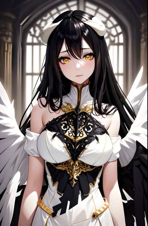 A high resolution, Sharp focus, Pixiv masterpiece, ((Intricate details)), Highly detailed, 1girll, Black wings, Gold-white dress...